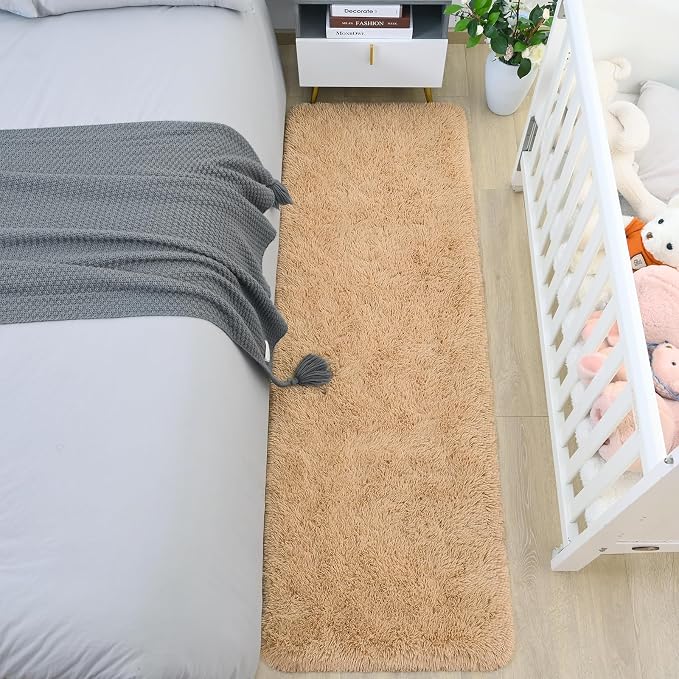 HOMORE 2x6 Runner Rugs for Bedroom, Light Tan Runner Rug for Hallway Entryway Laundry, Modern Shag Bedroom Runner Cute Carpets for Kids Dorm Bedside