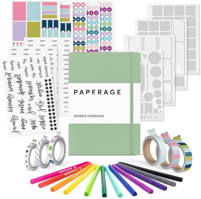 PAPERAGE Bullet Journal Kit, Dotted Journaling Set & Stationary Kit, Hardcover Dotted Journal Notebook (Sage Green), 12 fineliner Pens, 8 Sticker & 3 Stencil Sheets, 6 Washi Tapes