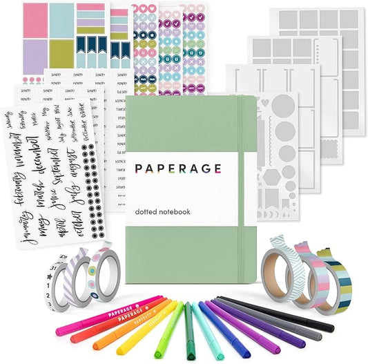 PAPERAGE Bullet Journal Kit, Dotted Journaling Set & Stationary Kit, Hardcover Dotted Journal Notebook (Sage Green), 12 fineliner Pens, 8 Sticker & 3 Stencil Sheets, 6 Washi Tapes