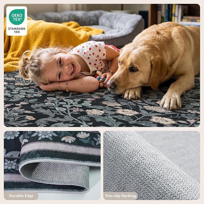 Puino Washable Entryway 3x4 Rug: Small Rugs for Indoor Entrance Vintage Floral Non Slip Backing Door Mat Low Pile Stain Resistant Carpet for Bedroom Kitchen Bathroom Bedside Dark Botanical