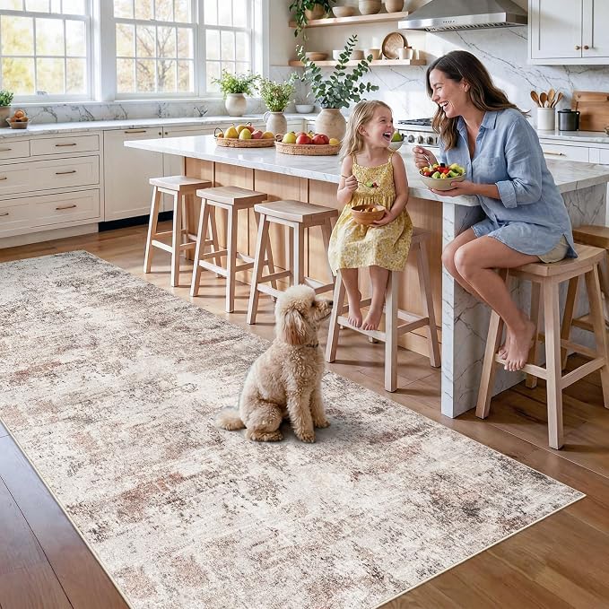 RUUGME 4x12 Runner Rug for Hallway: Washable Non-Slip Long Wide Carpet Runner for Kitchen Entryway - Abstract Low-Pile Thin Throw Floor Mat for Modern Farmhouse Decor (4x12 Beige-Brick)