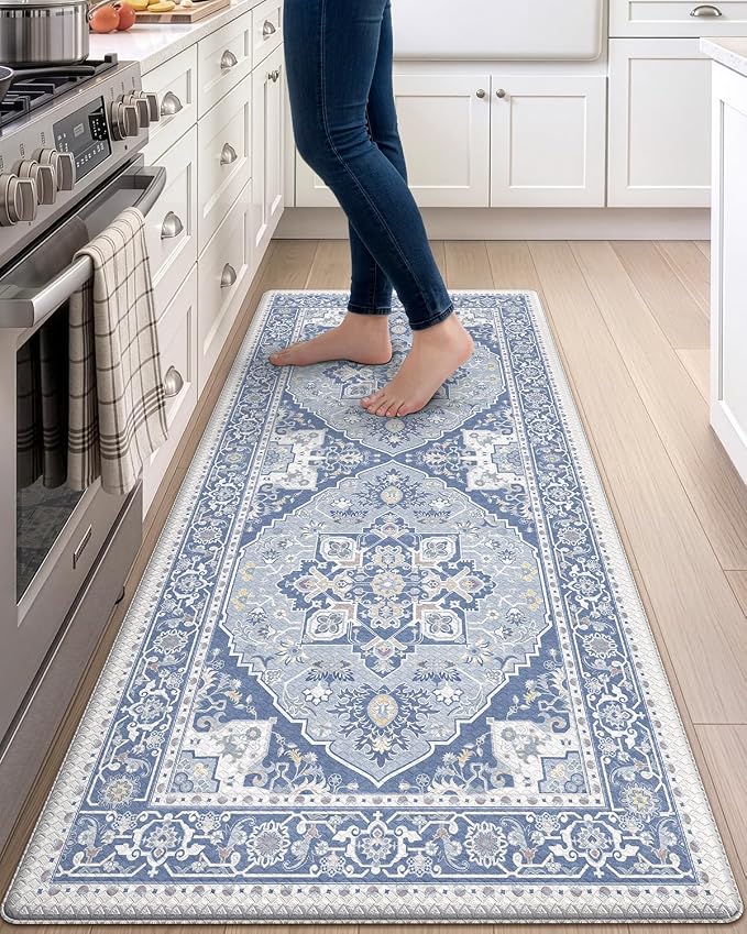 DEXI Kitchen Floor Mats Anti Fatigue, 23x59 Large Cushioned Vintage Runner Rug Waterproof, Standing Comfort Memory Foam Padded for Front Sink Laundry Office, Grey Blue