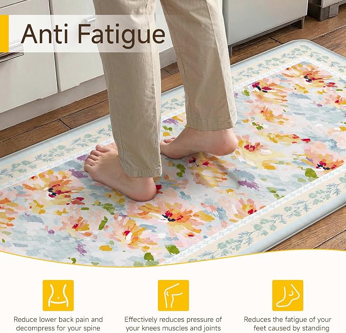 Anti Fatigue Kitchen Mats 2PCS Thick Non Slip Cushioned Rugs Blue Abstract Floral Waterproof Comfort Standing Mats for Floor Sink Laundry Office 17.3"×47"+17.3"×30"
