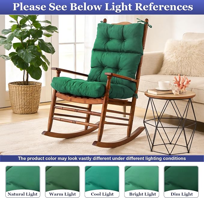 Rocking Chair Cushion, Waterproof and Fade-Resistant Adirondack Rocker Cushions, Indoor/Outdoor Rocking Chair Pads, High Back Memory Foam Patio Furniture Cushions with Ties, 44x23x4 Inch, Dark Green