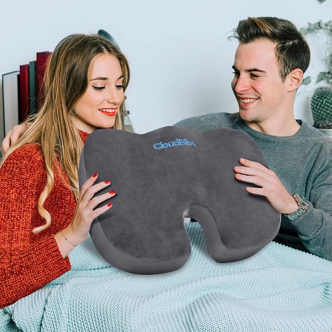 CloudBliss Gel Memory Foam Seat Cushion for Long Sitting, X-Large, Grey | Gel Chair Pad for Tailbone, Coccyx, Sciatica , Soft Suede Cover, Non-Slip , Washable Mesh, for office, home, car