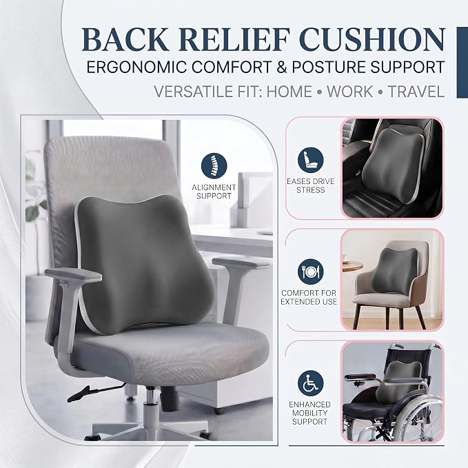 Lumbar Support Pillow, Ergonomic Memory Foam Back Cushion for Car Office Chair Gaming Chair, Washable Cool-Touch Cover for Lower Back Support (Dark Grey)