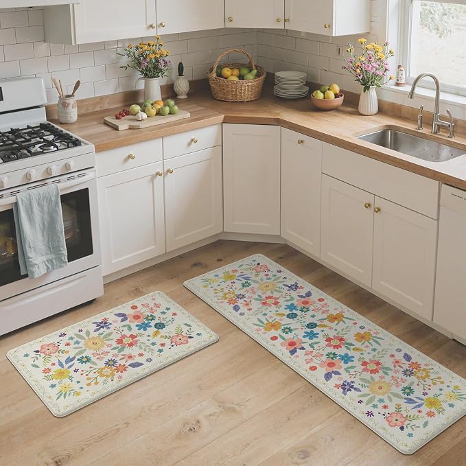 GENIMO Anti Fatigue Kitchen Mats for Floor 2PCS, Cushioned Standing Mats | 17.3"x59"&17.3"x30", SoftWhite vintage floral rug set, waterproof, non slip, easy-clean for farmhouse