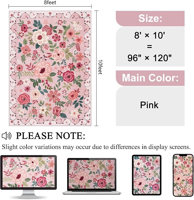 DUKINO 8x10 Area Rug, Floral Rugs for Living Room, Lightweight Non Slip Washable Rug, Indoor Low Pile & Non-Shedding Boho Design Rugs for Bedroom, Living Room, Dining Room, Pink