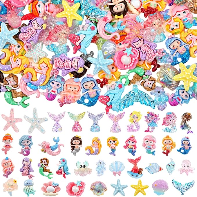 Giegxin 40 Pcs Summer Mermaid Resin Charm Seabed Seashells Crabs Mermaid Tails Flatback Cabochon Accessories Cute Embellishments Bulk for Jewelry Cellphone Case Scrapbooking Headband DIY Craft Making