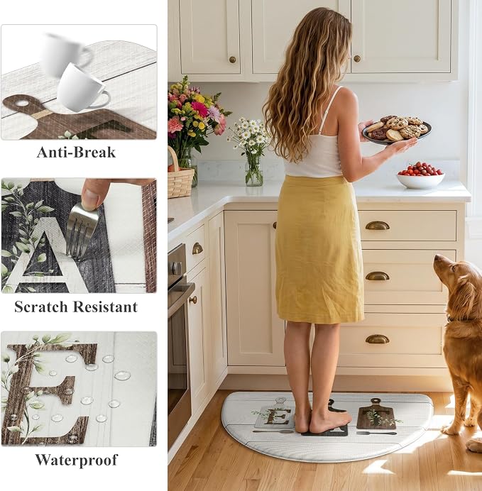 KIMODE Half Circle Anti Fatigue Mats for Cushioned Kitchen Mats for Floor | 18"x28",Grey,Country Vintage,Non Slip,Kitchen Mats Waterproof,Memory Foam,Comfort, Half Round Small Standing Mat Decor
