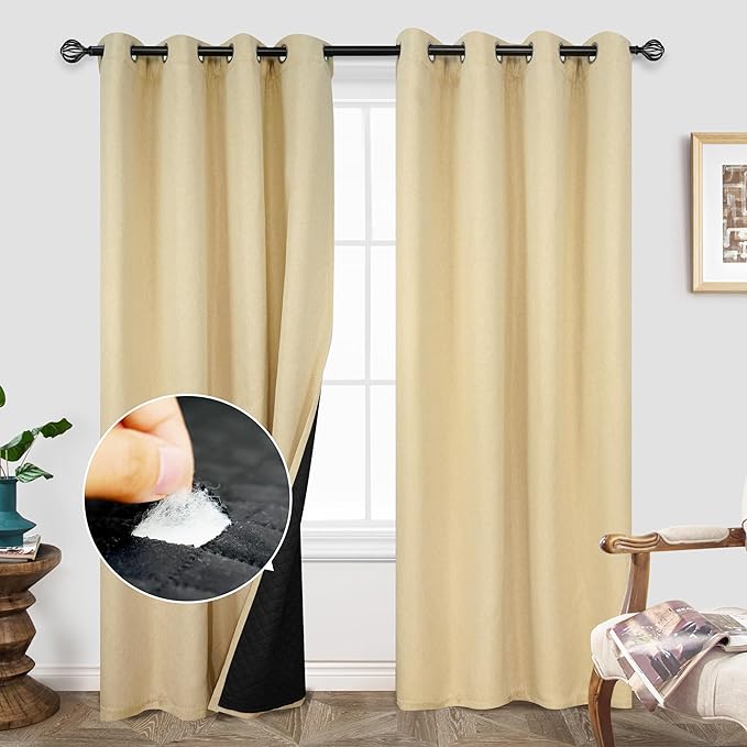DriftAway Blackout Soundproof Thermal Insulated Linen Textured Curtains with Quilted Thermal Lining for Cold and Heat Blocking Noise Reducing Daytime Sleep 1 PC 52 Inches by 84 Inches Beige