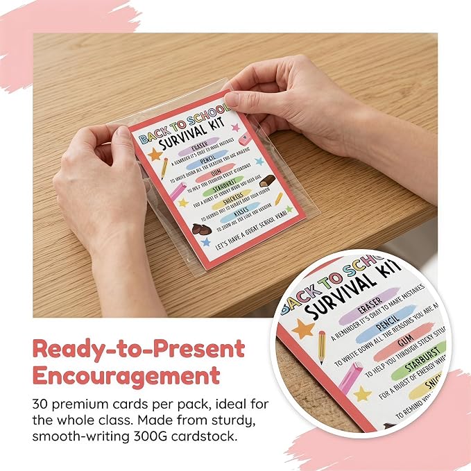 30 PCS Back to School Survival Kit,3.5x5 Inch Teacher Gift Insert Cards for Students,Back To School Student Treat Tags,First Day of School Classroom Welcome Supplies-BTSC03