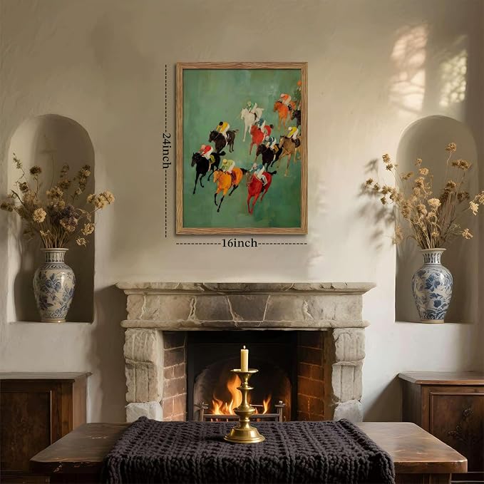 Framed Vintage Abstract Wall Art, Retro Horse Racing Scene Poster Prints, Modern Classic Equestrian Canvas Artwork, Energetic Vibrant Sports Wall Decor for Living Room Office Game Room 16x24in