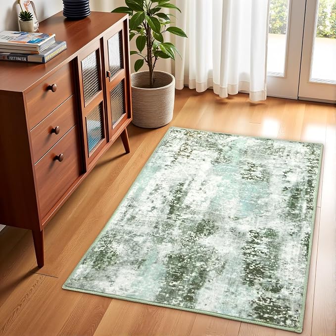 Macgace Washable Abstract Rug, 2x3 Small Modern Area Rugs with Non-Slip Rubber Backed for Kitchen, Thin but Soft Throw Carpet Bedroom Entryway Front Door Decor, Green
