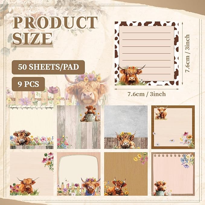 9 Pads Highland Cow Sticky Notes 3x3 Inch Cute Self Stick Notepads Notes Adhesive Memo Pad Office Decor Gifts for Students School Teacher Meeting Office Supplies