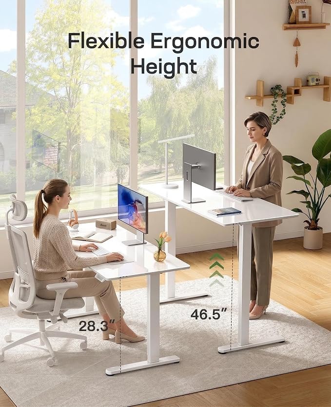 Marsail Glass Electric Standing Desk with Drawer, 40 x 24 Inches Height-Adjustable Desk, One-Piece Tempered Glass Top, Ergonomic Home Office Sit Stand Desk with 4 Preset Heights, White