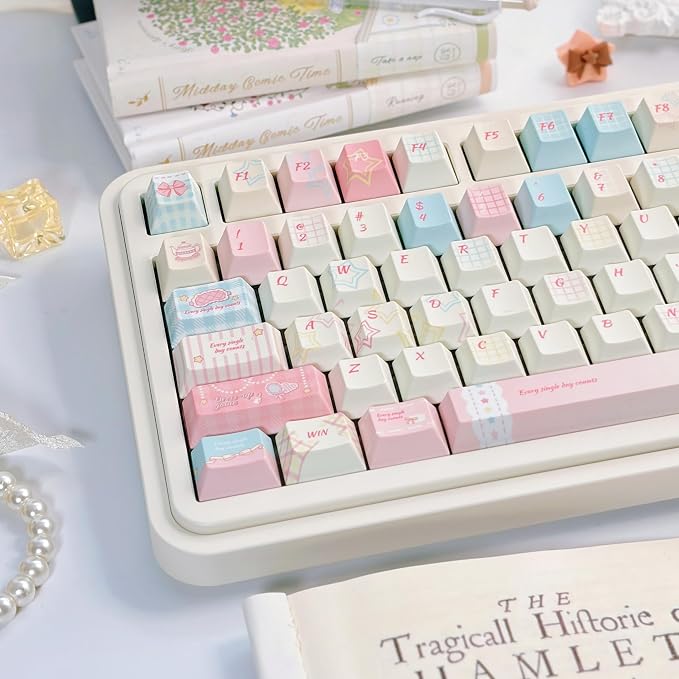 Blue Pink Gingham Keycaps 143 Keys, PBT Keycap Set Cherry Profile, Cute Custom Keycap, Dye-Sublimation Key Caps for Cherry MX Switches Mechanical Gaming Keyboard 60% 75% 100%