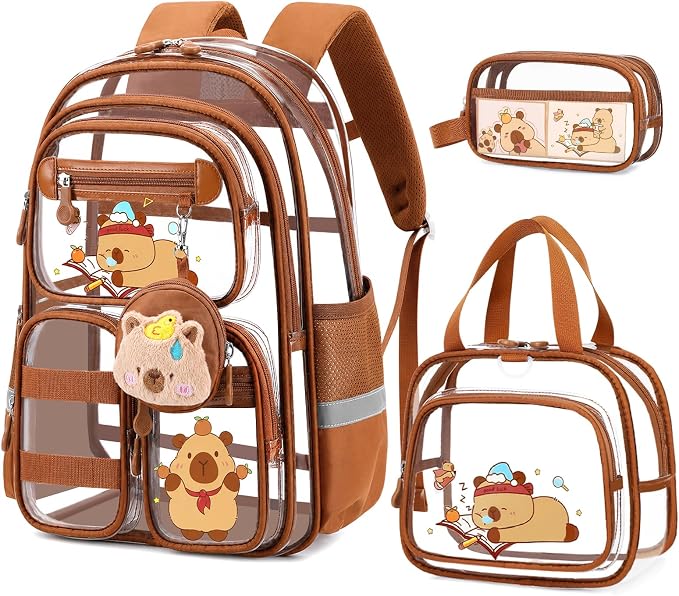 Capybara Theme Clear Backpack,Heavy Duty Transparent Backpack for Girls with Lunch Box Pencil Case,See Through Bookbag for Kids Teens Elementary Middle High School Stadium Approved