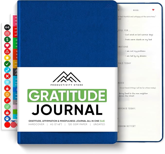 Gratitude & Self-Care Journal - Guided Mindfulness & Mental Health Journal All-in-One with Prompts for Self Discovery - Daily Journal for Men & Women by PRODUCTIVITY STORE (A5, Navy)
