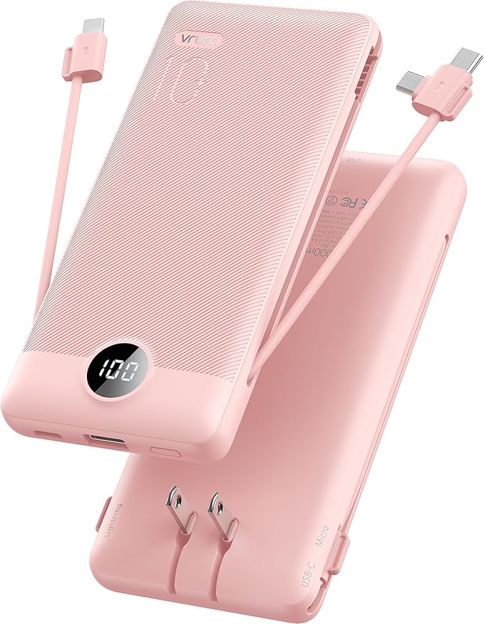 VRURC Portable Charger Built-in Cables and AC Wall Plug,Power Bank 10000mAh | Travel Essentials Phone Charger Compact Lightweight External Battery Pack For Smart Phones, Tablets etc-Pink