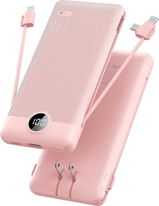 VRURC Portable Charger Built-in Cables and AC Wall Plug,Power Bank 10000mAh | Travel Essentials Phone Charger Compact Lightweight External Battery Pack For Smart Phones, Tablets etc-Pink
