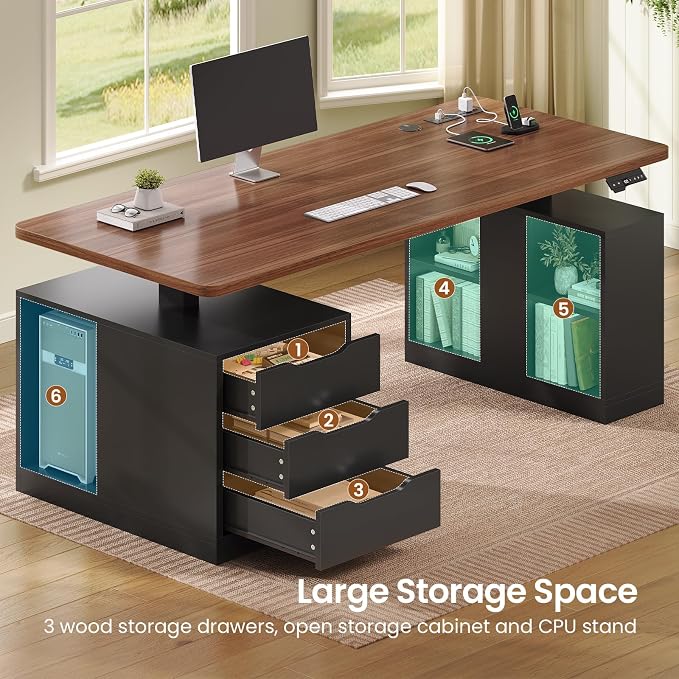 SEDETA Modern Electric Standing Desk, 63" Height Adjustable Computer Desk with 3 Drawers, Storage Shelves, Power Outlets, Wood Home Office Stand up Desk for Work, Study, Writing, Black+ Brown