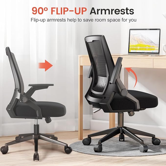 COMHOMA Office Chair with Flip-up Armrests Ergonomic Computer Desk Chair with Adaptive Lumbar Support & Breathable Mesh, Black