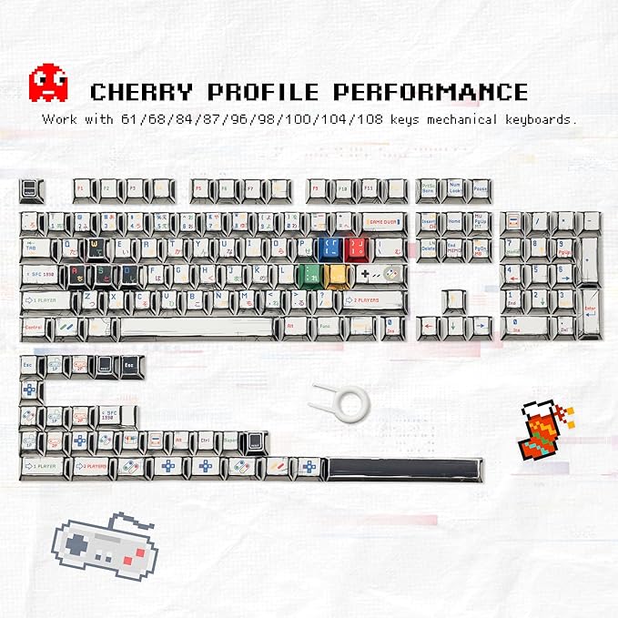 Retro Anime PBT Keycaps-Cherry Keycaps, Custom Keyboard Key caps 60 65 75 100 Percent, 5 Side Dye Sublimation 137 Keys Set for Cherry Gateron MX Switches Keyboards, White (Classic Game Theme)