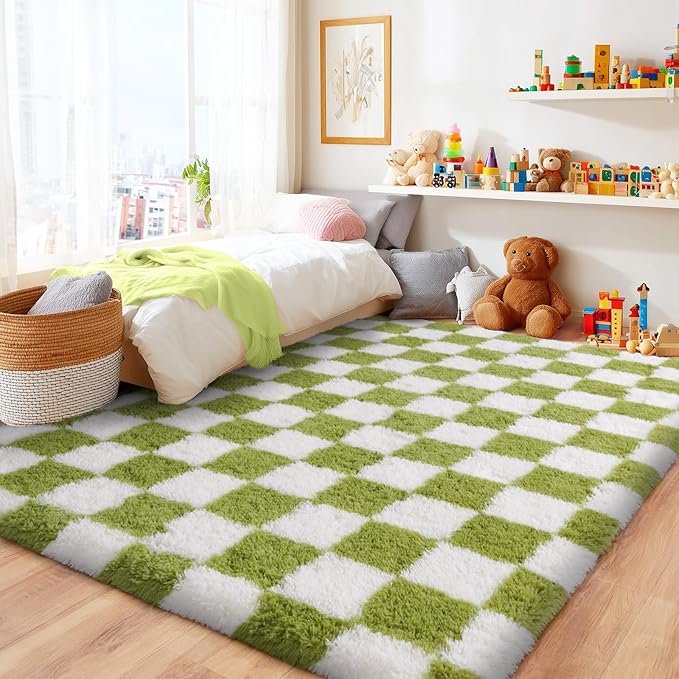 Area Rugs for Living Room 9x12, Ultra Fluffy Shag Checkered Rug Modern Washable Carpet Soft Shaggy Non Slip Indoor Plush Fuzzy Rugs for Bedroom Dorm Office Home Aesthetic Decor, Cream and Green
