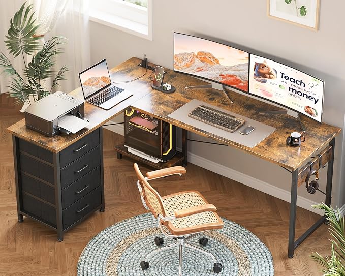 AODK 61" L Shaped Gaming Desk with 4 Drawers and Power Outlets, Vintage | USB Ports, PC Tower Stand, Hooks, Reversible Corner Layout for Gaming Rooms, Bedrooms and Home Office