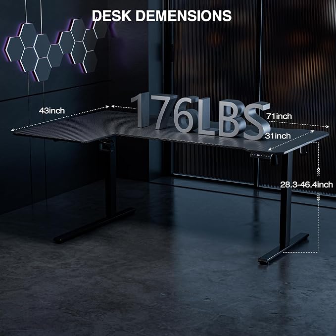 Acrolix L Shaped Electric Standing Desk - 71x43.5 Inch Reversible Corner Sit Stand Desk with Hook&Cup Holder,Electric Height Adjustable Table,for Home Office Gaming&Trading Computer Desk, Black Carbon