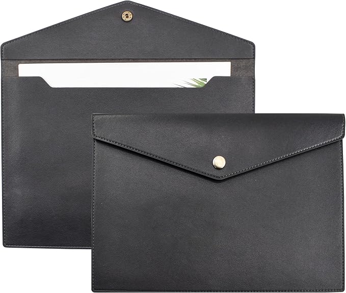 VANRA 1 Piece PU Leather File Folders A4 Document Holder File Envelope Waterproof Portfolio Filing File Organizer for Letter Size with Snap Button Closure, Black