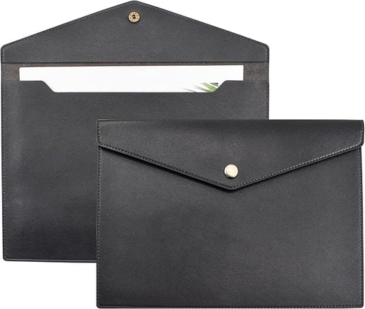 VANRA 1 Piece PU Leather File Folders A4 Document Holder File Envelope Waterproof Portfolio Filing File Organizer for Letter Size with Snap Button Closure, Black