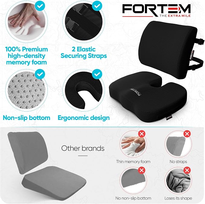 FORTEM Seat Cushion, Office Chair Cushion, Lumbar Support Pillow for Office Chair, Memory Foam Car Seat Cushions, Sciatica Coccyx Tailbone Pain Relief, Cushions for Back Support, Washable, Non Slip XL