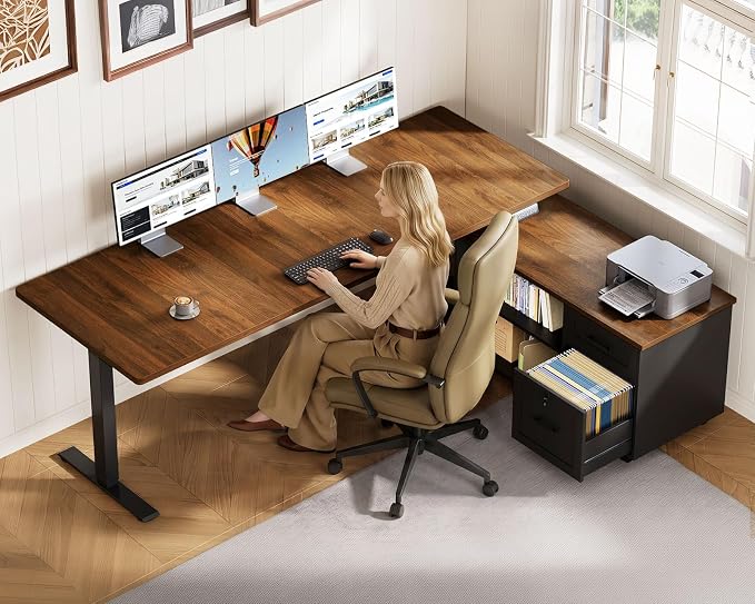 OffiGo 63" L Shaped Electric Standing Desk with File Cabinet, Walnut/Black | Mobile Drawers & File Cabinet for Flexible Layout, Height Adjustable Executive Stand Up Desk for Home Office Workstation