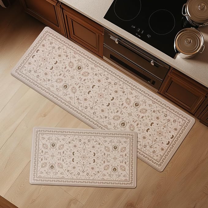 FRESHMINT Vintage Floral Kitchen Mat 2 Pack, 17x30''+17x47'', Natural Beige | Anti-Fatigue, Non Slip, Comfort, Kitchen Decor, Easy to Clean, Waterproof, Perfect for Kitchen, Laundry, Office
