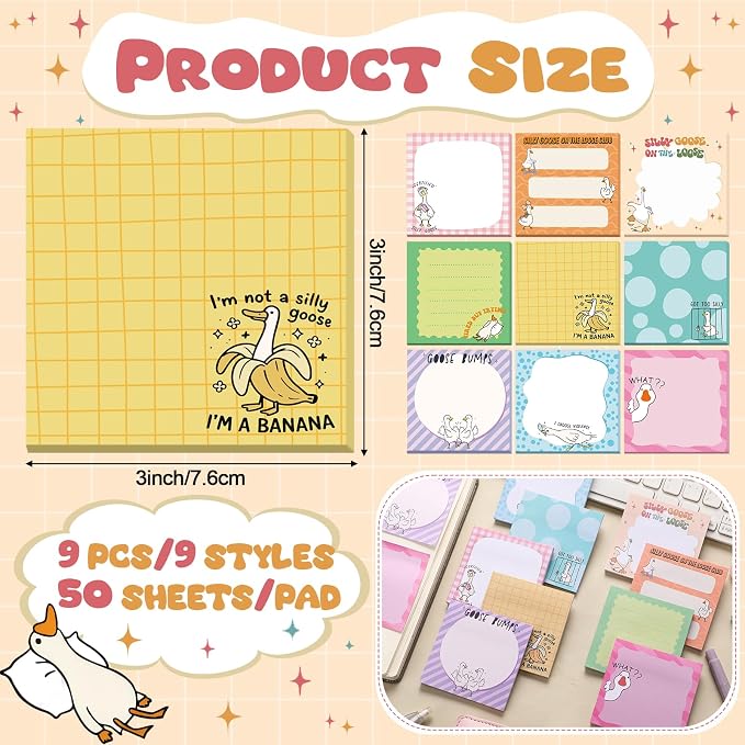 9 Pads Cute Sticky Notes Cartoon Self Stick Notepads 3x3 Inches Notes Adhesive Memo Pad Office Decor Gifts for Students School Teacher Office Meeting(Goose)