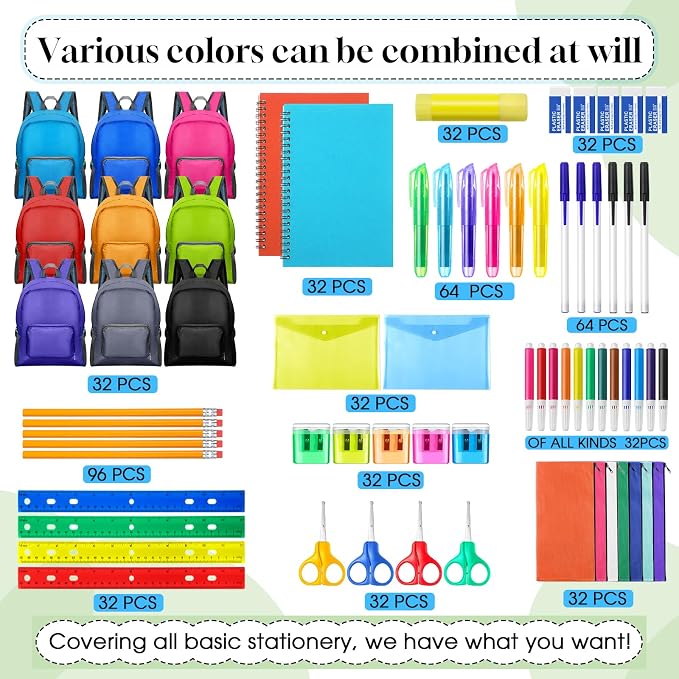 PerKoop 32 Sets 17'' Backpacks Bulk Bundle Kits Wholesale Backpack Supply Kit Bundle Essentials for Charity Donate