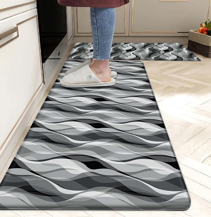 weesire Kitchen Mats for Floor Modern Abstract Kitchen Rugs Grey Stripe Anti Fatigue Kitchen Mats Waterproof Floor Mats Cushioned Non-Skid Standing Mats for Kitchen, Set of 2,17.3 x 28+17.3 x 47