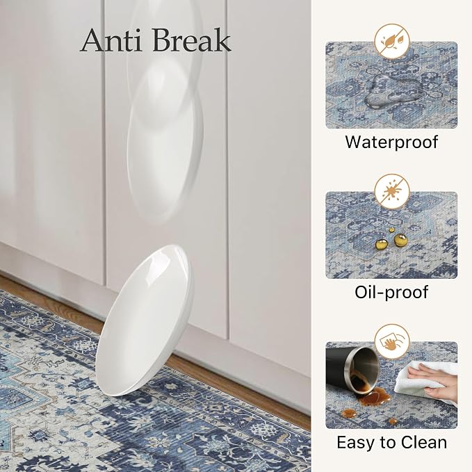 GENIMO Anti Fatigue Kitchen Mats for Floor 2PCS, Cushioned Standing Mats | 17.3"x47"&17.3"x30", Navy Blue vintage boho rug set, waterproof, non-slip, easy-clean for home laundry sink farmhouse