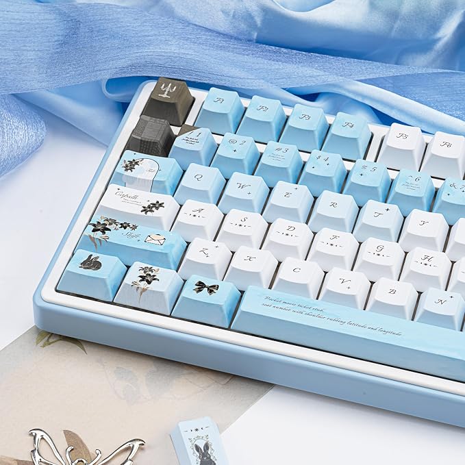 PBT keycap Set 145 Keys Cherry Profile, Blue White Lily Themed Aesthetic Keycaps Custom Dye-Sub Keyboard Keycaps for 60% 65% 70% 75% Cherry Gateron MX Switches Mechanical Keyboards