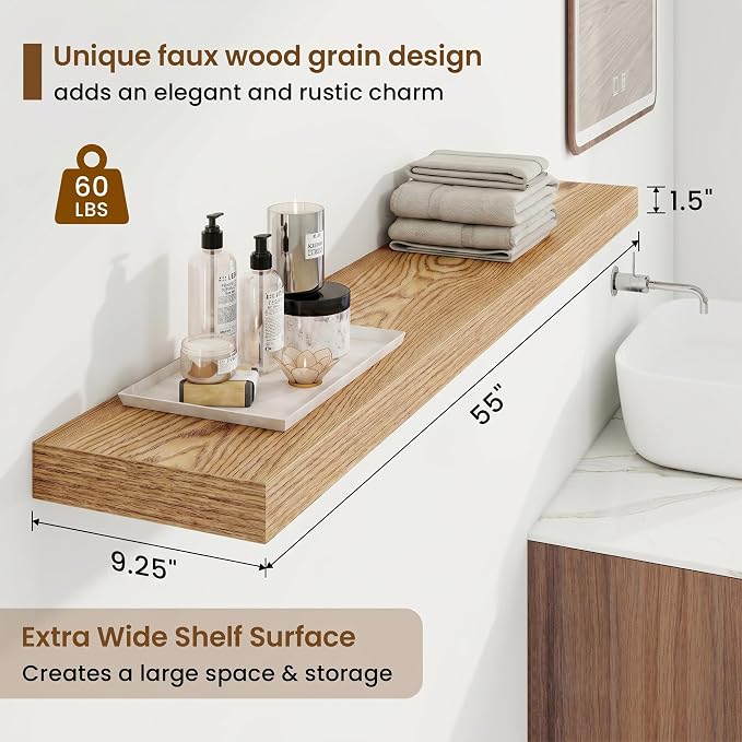 Marsmiles 55in Floating Shelves for Wall, 55" W x 9.25" D x 1.5" H, Long Wall Mounted Engineered Wood Shelves with Invisible Brackets for Living Room, Bedroom, Bathroom, Kitchen, Cedar, 2Pcs