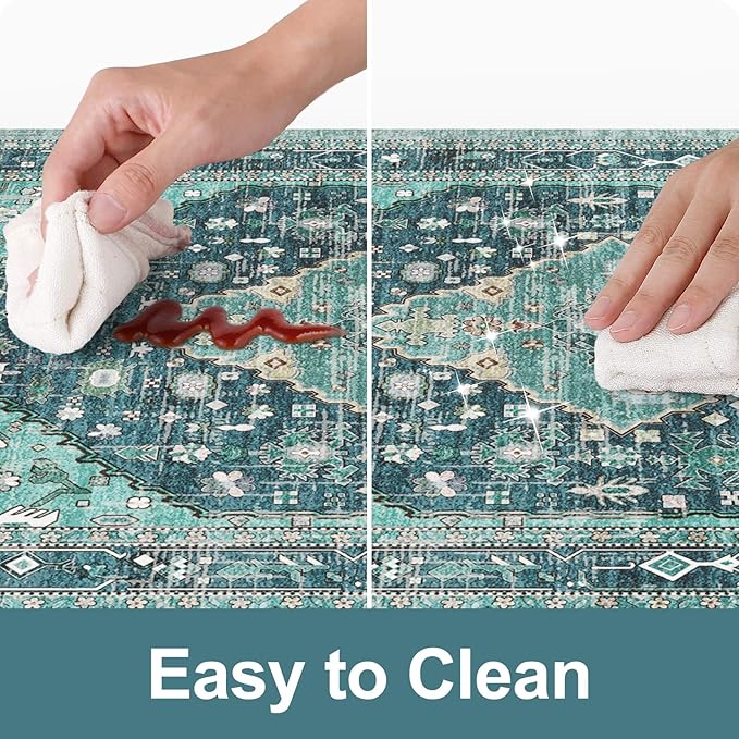 Collive Boho Kitchen Mats for Floor 2 Piece, Cushioned Anti Fatigue Kitchen Floor Mat Non-Skid Waterproof Under Sink Rug, Teal/Multi Comfort Standing Desk Rugs for Office, 17"x29"+17"x47"