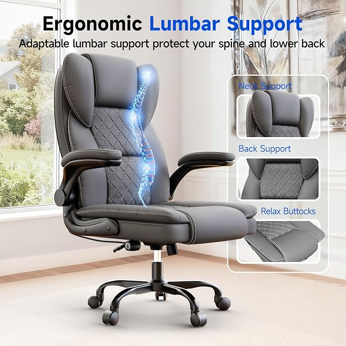naspaluro Ergonomic Office Chair, Executive PU Leather Chair, Computer Desk Chair with Adjustable Lumbar Support Flip-up Arms, Executive Task Chair, Office Chairs for Home Office, Big and Tall, Gray