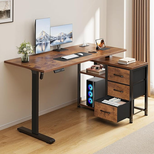 47 Inch L Shaped Desk with 3 Drawers Electric Standing Desks with Storage Computer Table Adjustable Height with Power Outlets 4 Memory Presets for Home Office, Rustic Brown