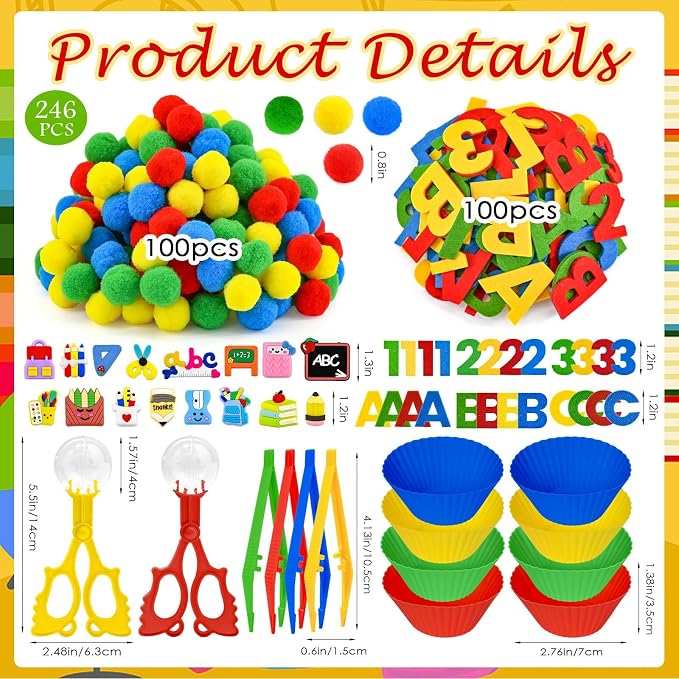 246 Pcs Back to School Sensory Bin Items Stationery Counting Sorting Sensory Bin Filler Fine Motor Apple Pencil Crayon Numbers and Letters Counts for Easter Spring Summer Sorting Counting Decor