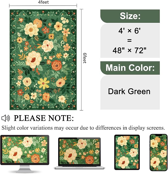 DUKINO 4x6 Area Rug, Lightweight Non Slip Washable Floral Rug, Indoor Low Pile & Non-Shedding Boho Design Rugs for Bedroom, Living Room, Dining Room, Dark Green
