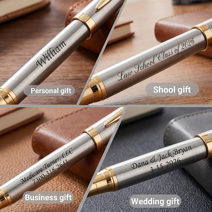 Ancolo Engraved Pens Luxury Roller Pens with 5 Gfit Box 10 extra Black Refills Metal Body Engraved with Your Message Personal Names Phone Number, Gift for Men Women
