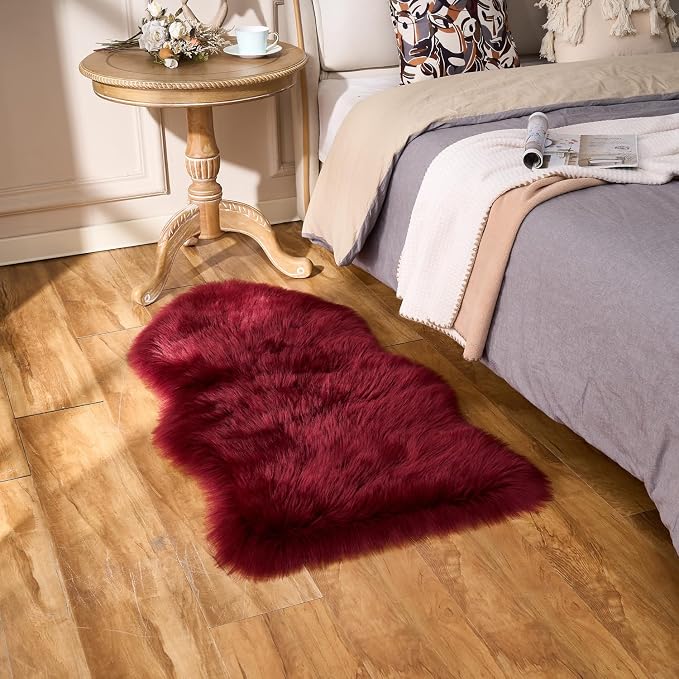 EasyJoy Ultra Soft Fluffy Shaggy Area Rug Faux Fur Rug Chair Cover Seat Pad Fuzzy Area Rug for Bedroom Floor Sofa Living Room (2 x 4 ft Sheepskin, Burgundy)