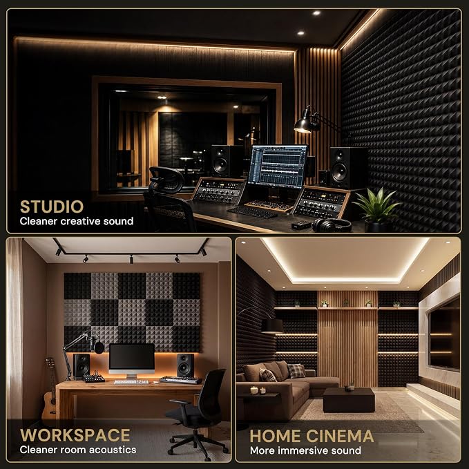 Focusound Acoustic Panels 50 Pack 2"x12"x12" with 300 PCS Double-Side Adhesive - Sound Proof Pyramid Foam for Walls, Home Studio Noise Absorption & Echo Control Kit